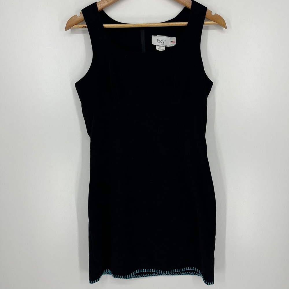 Vintage Jody California Black Faux Suede Whipstitch Mini Dress Size 5 USA